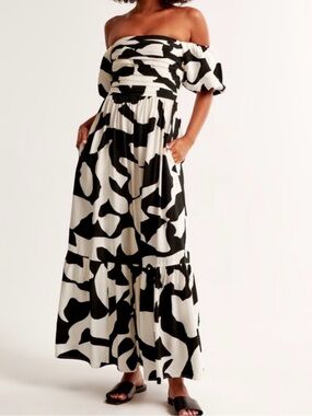 NWT A&F Emerson Off-Shoulder Black & White Abstract Maxi Dress SzXXL *sold out*
